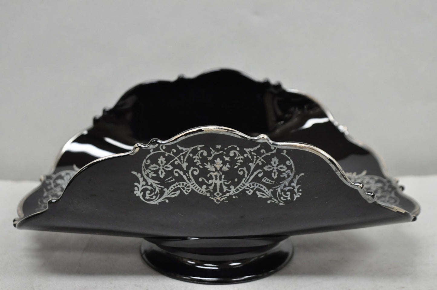 Vintage Rockwell Black Amethyst Glass Sterling Silver Overlay Centerpiece Dish