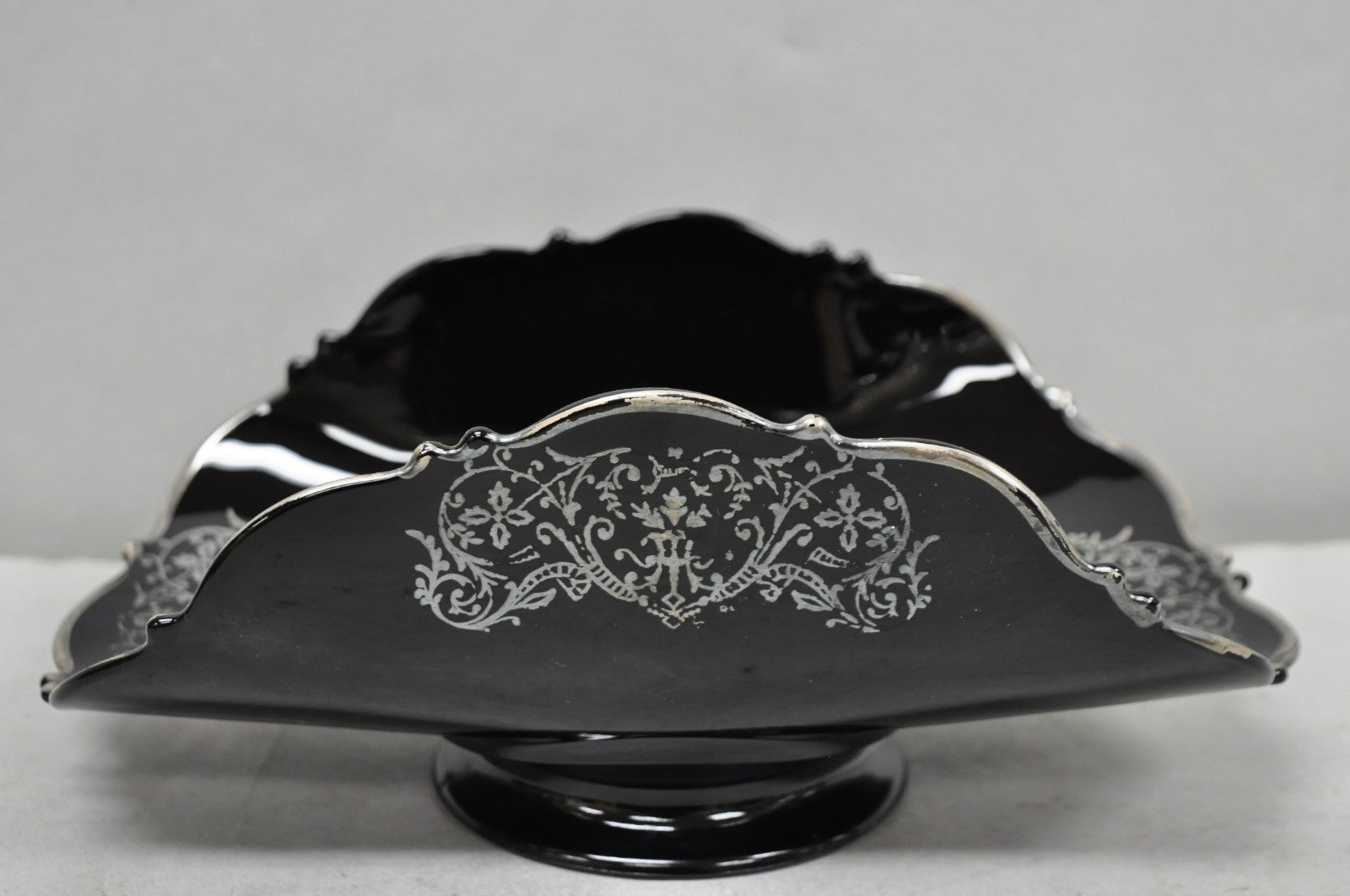 Vintage Rockwell Black Amethyst Glass Sterling Silver Overlay Centerpiece Dish