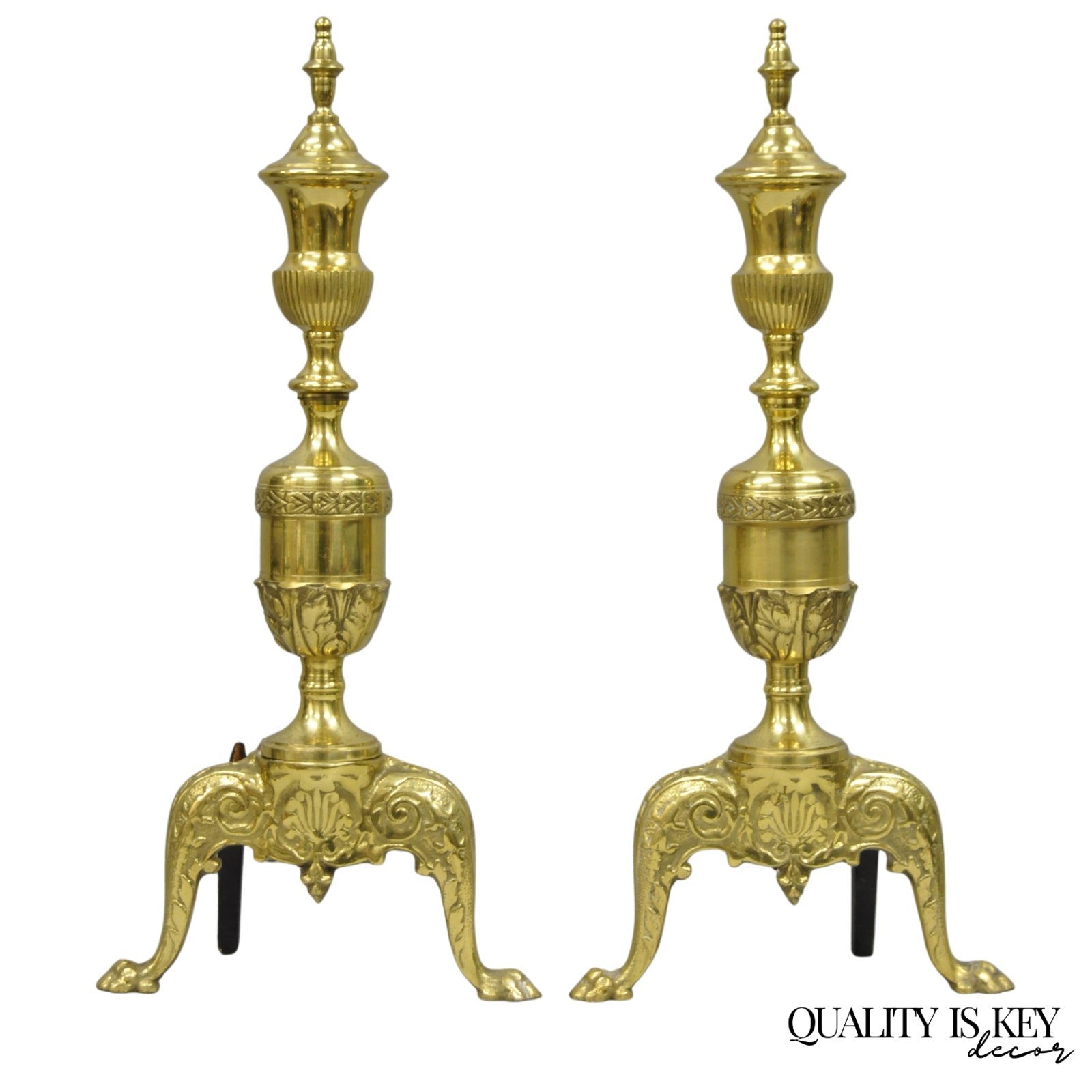 Antique French Empire Style Brass Paw Foot Column Cast Iron Andirons - a Pair