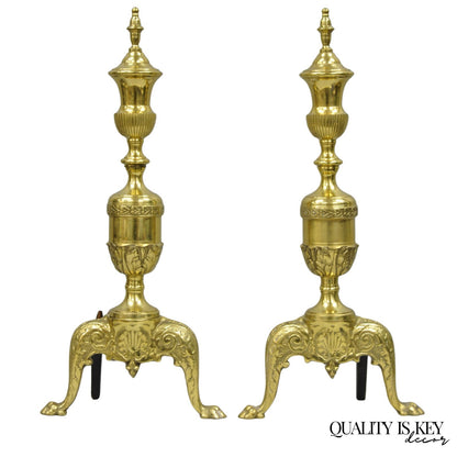 Antique French Empire Style Brass Paw Foot Column Cast Iron Andirons - a Pair