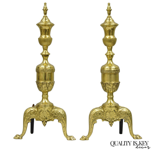 Antique French Empire Style Brass Paw Foot Column Cast Iron Andirons - a Pair