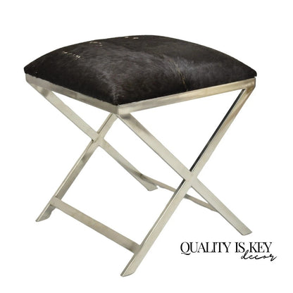 Modern Chrome Frame X-Form Metal Curule Stool with Cowhide Upholstery