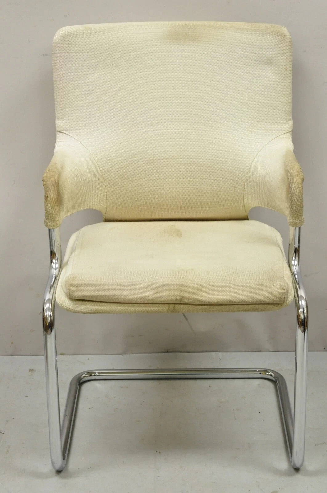 Vintage Mid Century Modern Milo Baughman Style Tubular Chrome Fabric Arm Chair