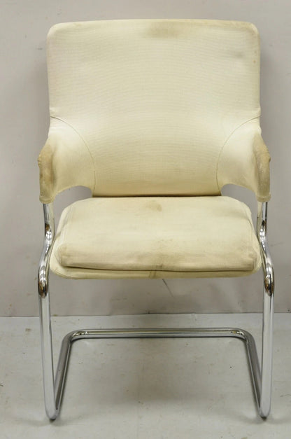 Vintage Mid Century Modern Milo Baughman Style Tubular Chrome Fabric Arm Chair
