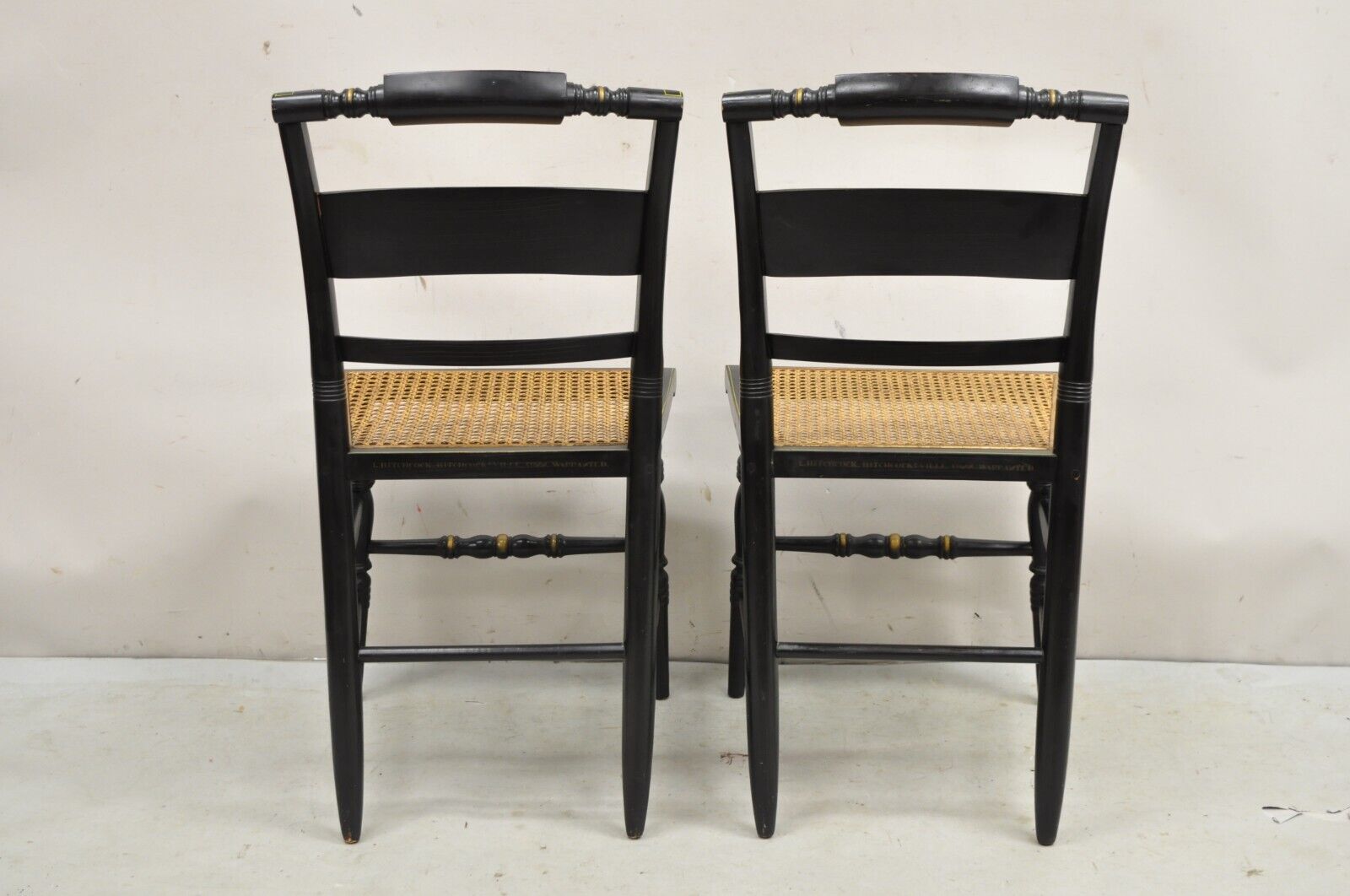 Vintage L. Hitchcock Black Stencil Harvest Decorated Cane Side Chair - a Pair