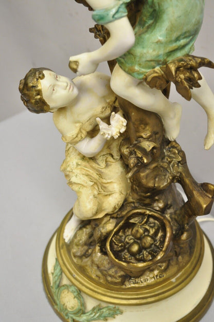 Vintage French Renaissance Moreau Metal Boy and Girl Large Figural Table Lamp