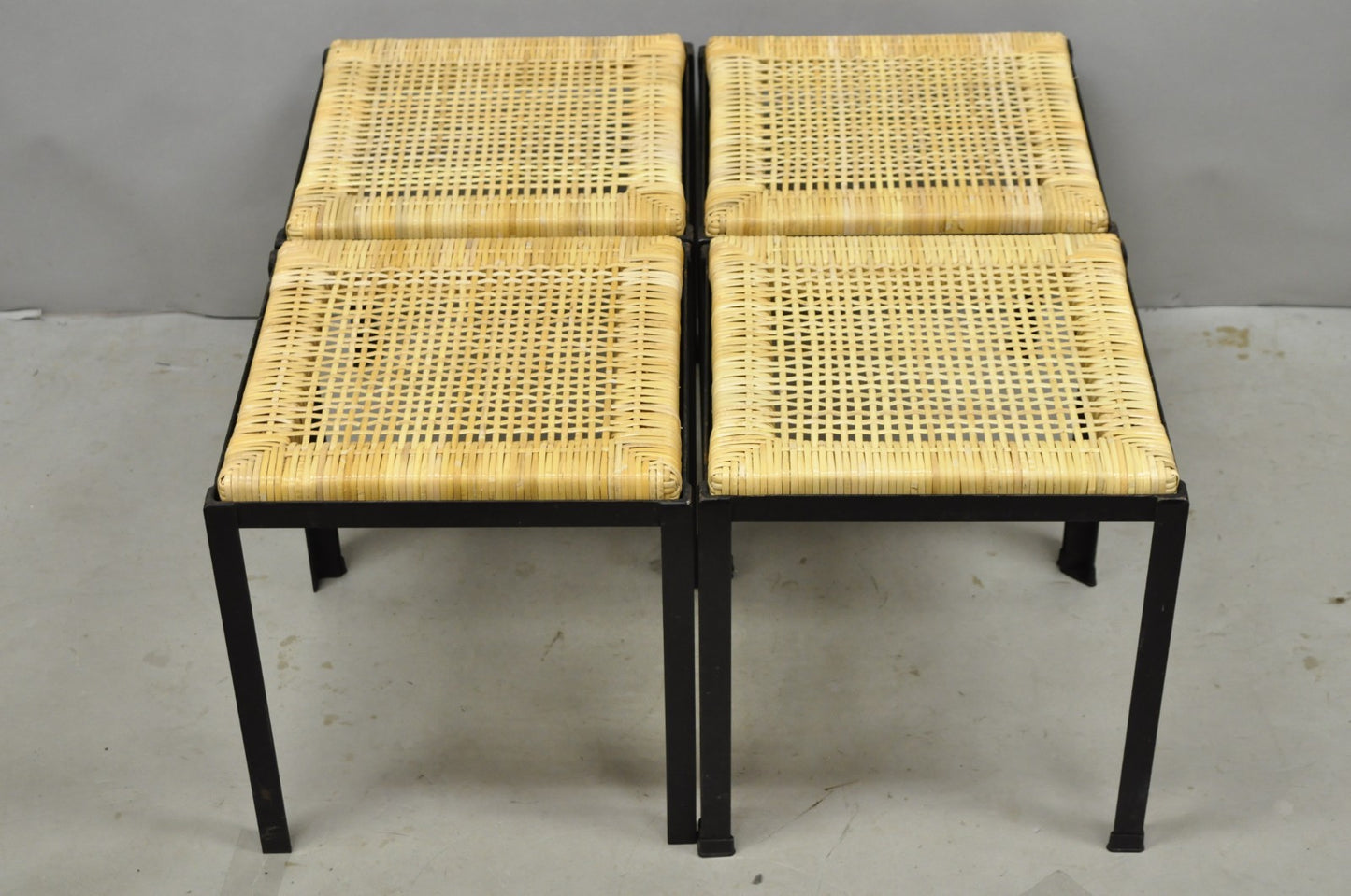 Mid Century Modern Danny Ho Fong Tropi-Cal Iron Cane Side Table Stool - Set of 4
