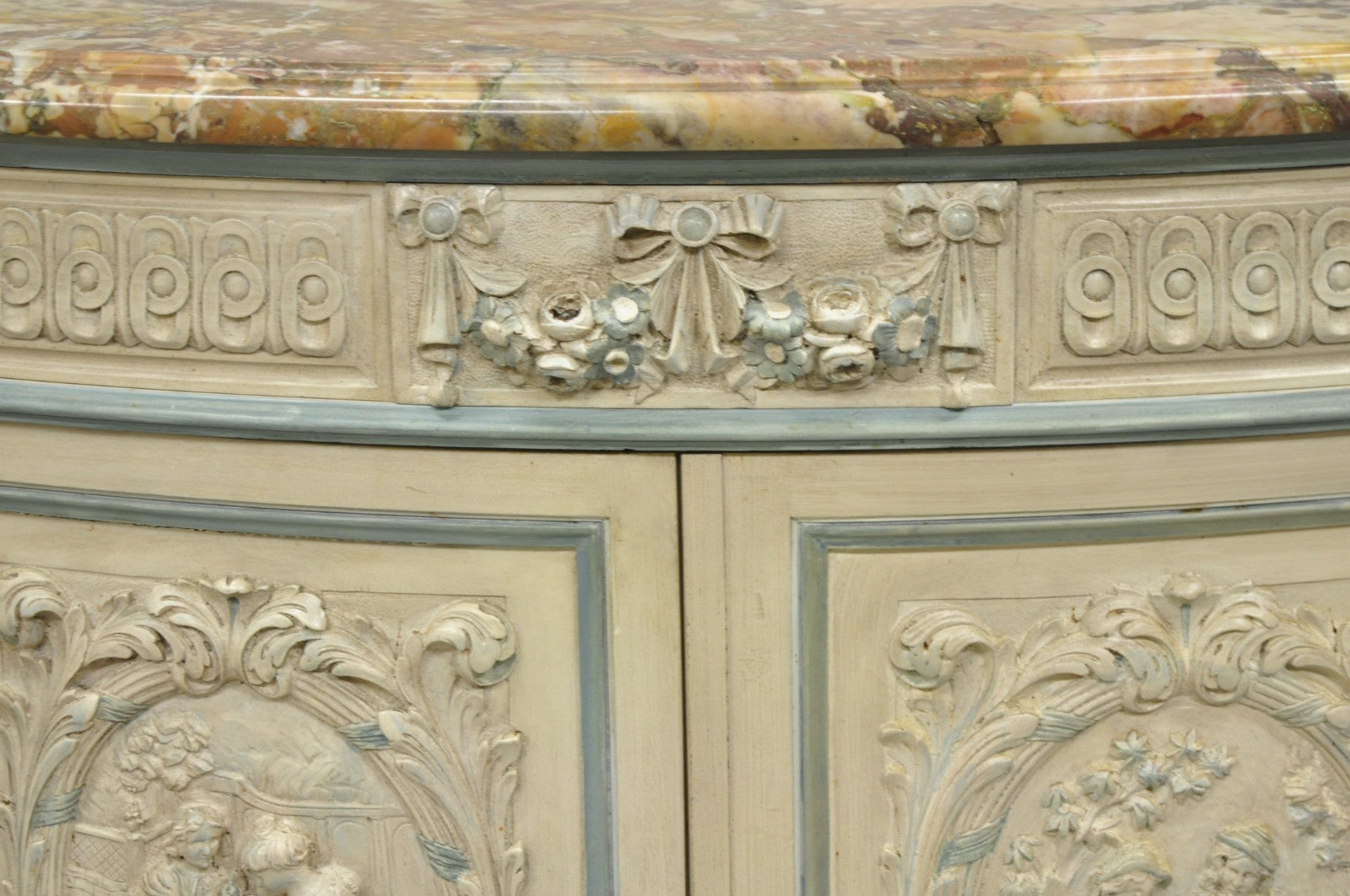 French Renaissance White Blue Painted Figural Carved Marble Top Buffet Commode