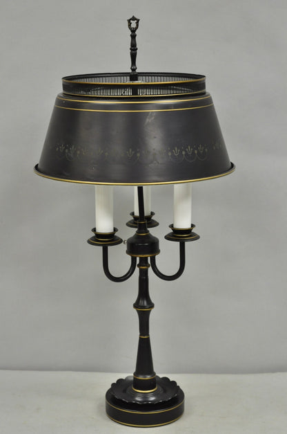 Vintage French Country Black Tole Metal Three Arm Candelabra Table Lamp w/ Shade