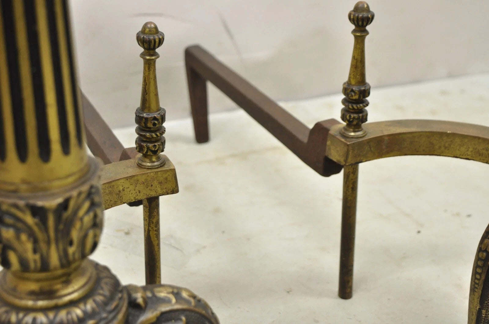 Antique French Empire Style Bronze Column Flame Finial Fireplace Andirons - Pair
