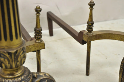 Antique French Empire Style Bronze Column Flame Finial Fireplace Andirons - Pair