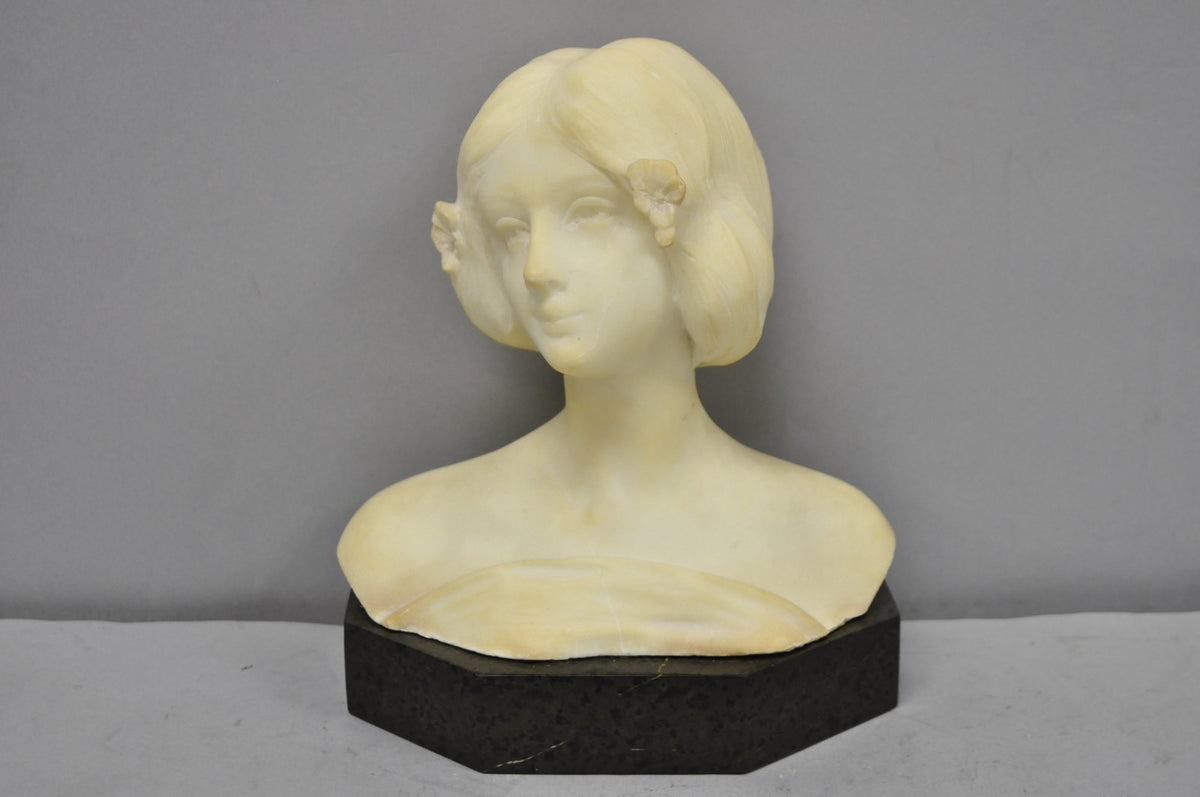 Antique Neoclassical Carved White Marble 9" Bust of Woman's Head on Marble Base