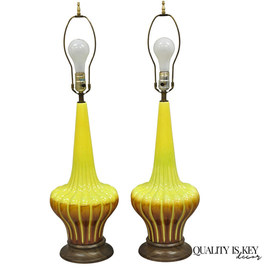 Vintage Mid Century Modern Yellow Brown Sculpted Ceramic Pottery Table Lamp Pair