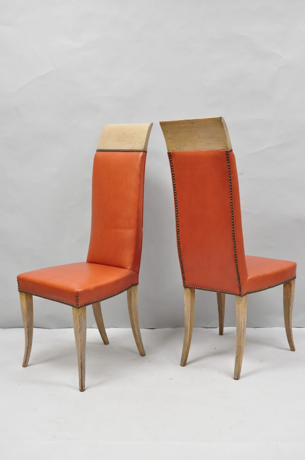 Vintage French Art Deco Gio Ponti Style High Back Pickled Wash Side Chair - Pair