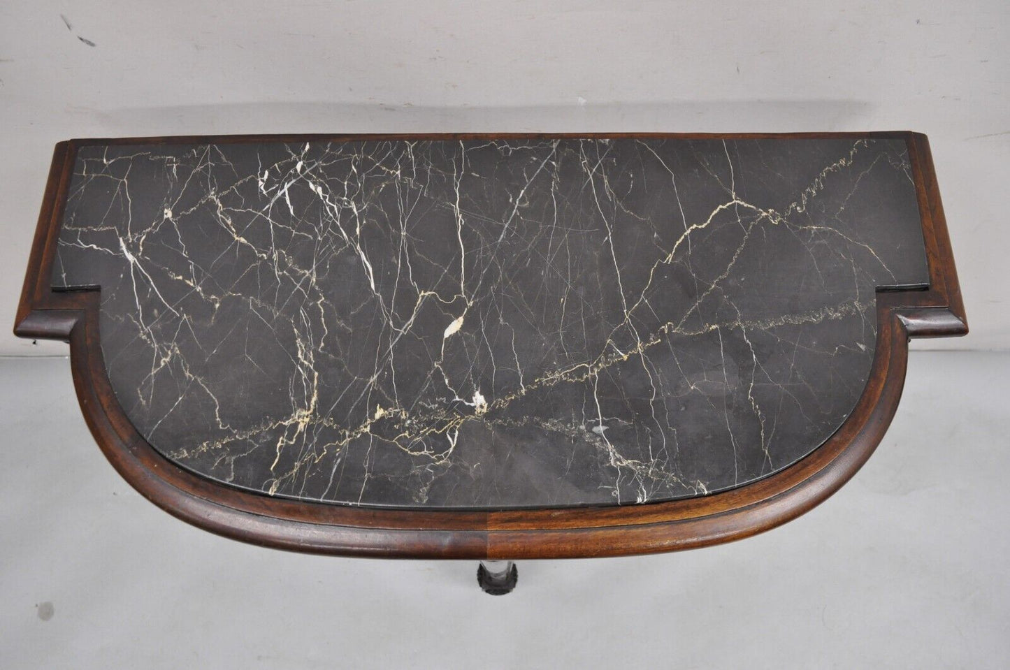 Antique French Louis XVI Carved Black Marble Top Demilune Console Hall Table