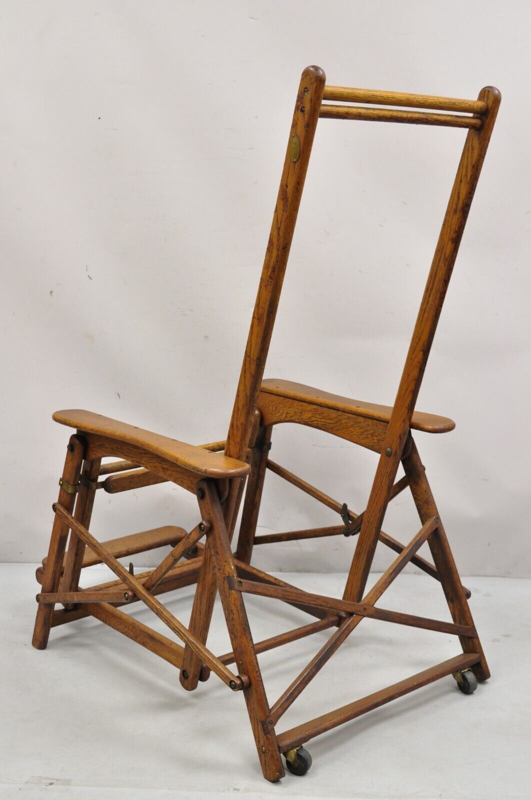 Antique Art Deco Folding Oak Wood Steamer Ship Reclining Deck Chair by Lloyd's