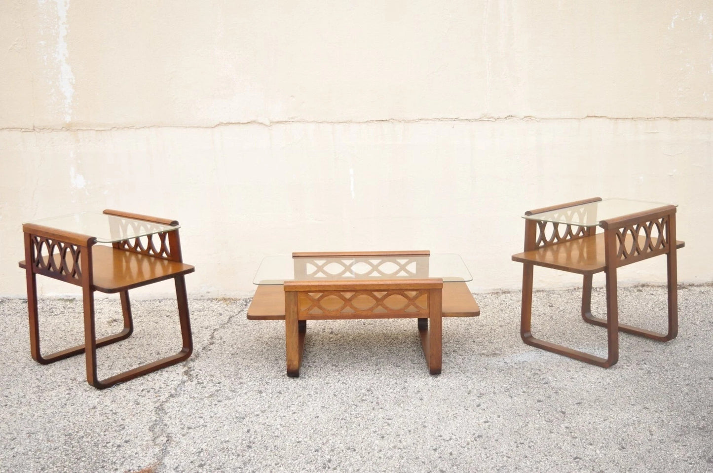 Vintage Mid Century Modern Mahogany & Glass Coffee Table & Pair End Table Set