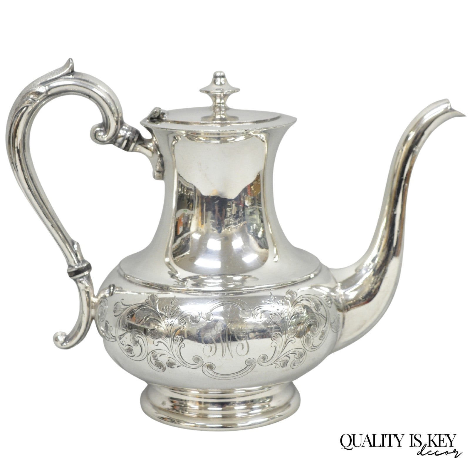 Vintage Victorian Silver Plated Floral Repousse Tea Kettle Teapot w/ Monogram