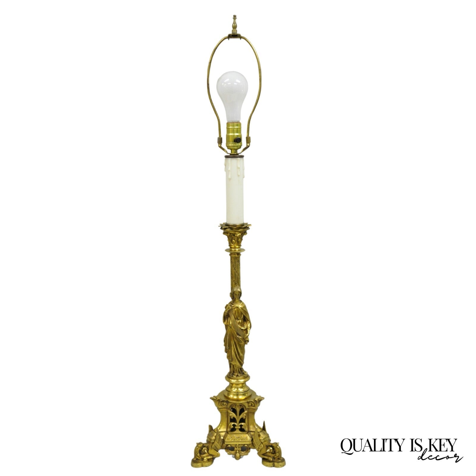Antique French Empire Renaissance Bronze Maiden Candlestick Table Lamp