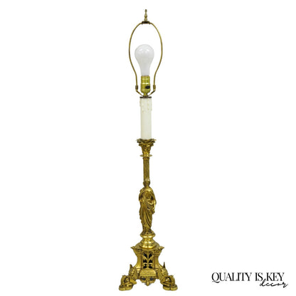 Antique French Empire Renaissance Bronze Maiden Candlestick Table Lamp