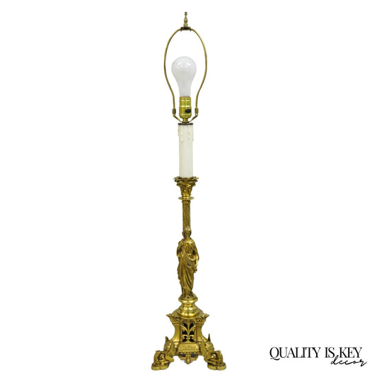 Antique French Empire Renaissance Bronze Maiden Candlestick Table Lamp