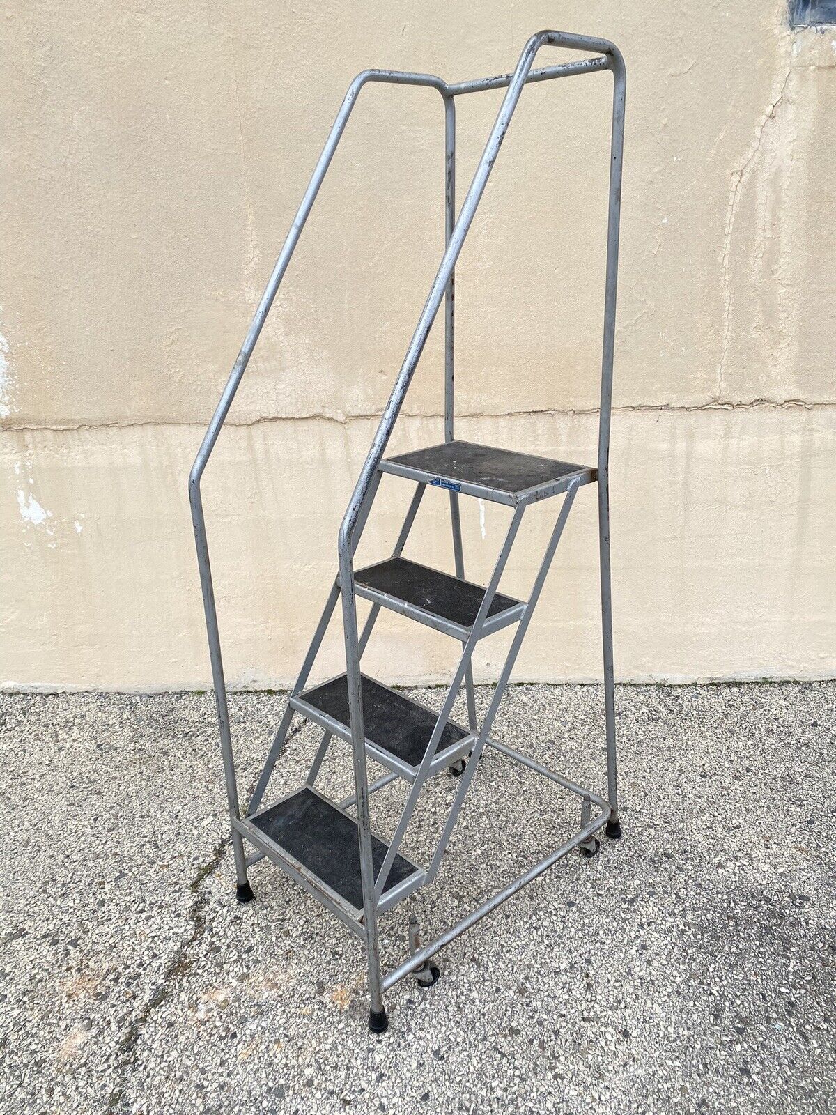 Vintage Ballymore Warehouse Garage 4 Step Metal Rolling Safety Ladder w/ Rails