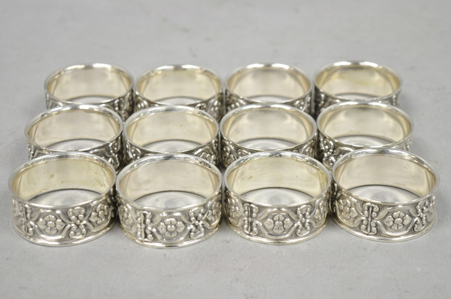 Vintage Victorian Style Silver Plated Floral Embossed Napkin Rings - Set of 12