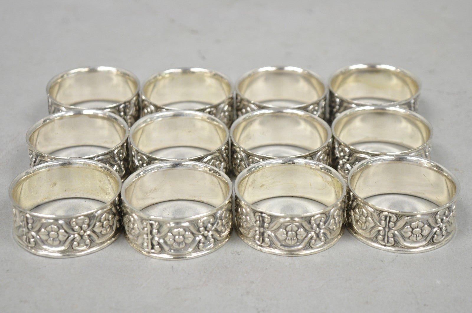 Vintage Victorian Style Silver Plated Floral Embossed Napkin Rings - Set of 12
