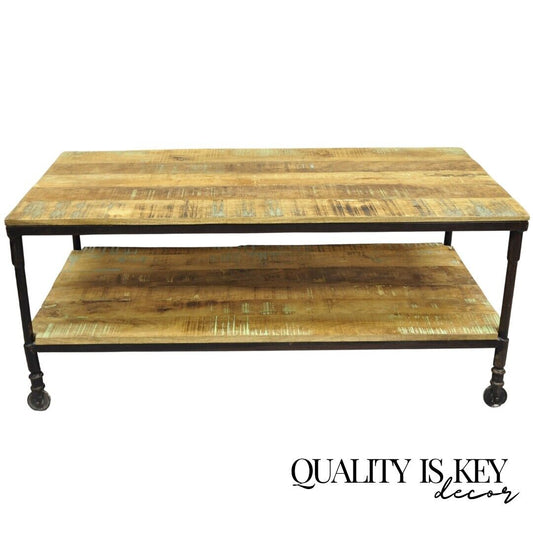 Vintage Industrial Style Cast Iron and Distressed Reclaimed Wood Coffee Table