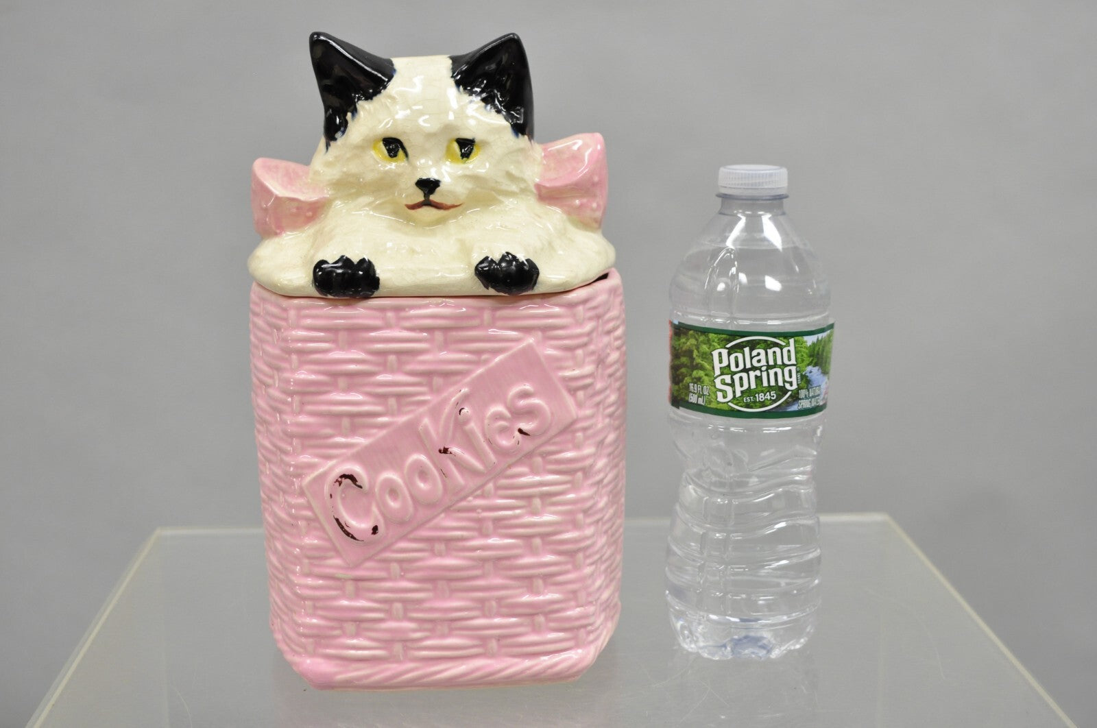 Vintage McCoy Pottery White and Black Cat Kitten Kitty in Pink Basket Cookie Jar