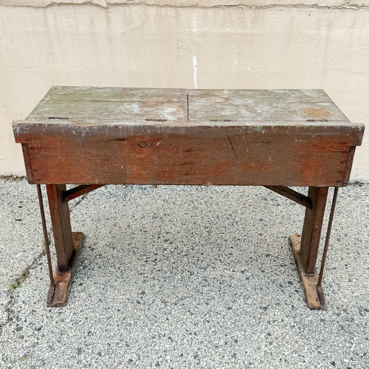 Antique French Primitive Rustic Green Distress Painted Flip Top Wood School Desk