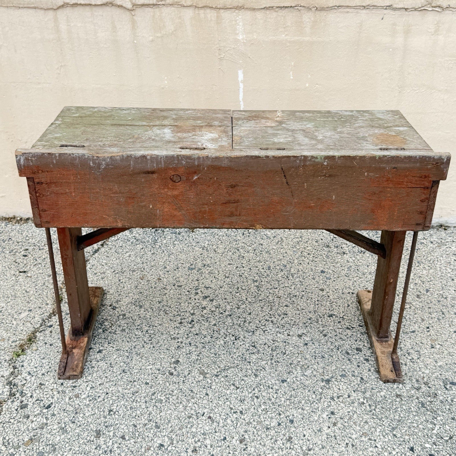 Antique French Primitive Rustic Green Distress Painted Flip Top Wood School Desk