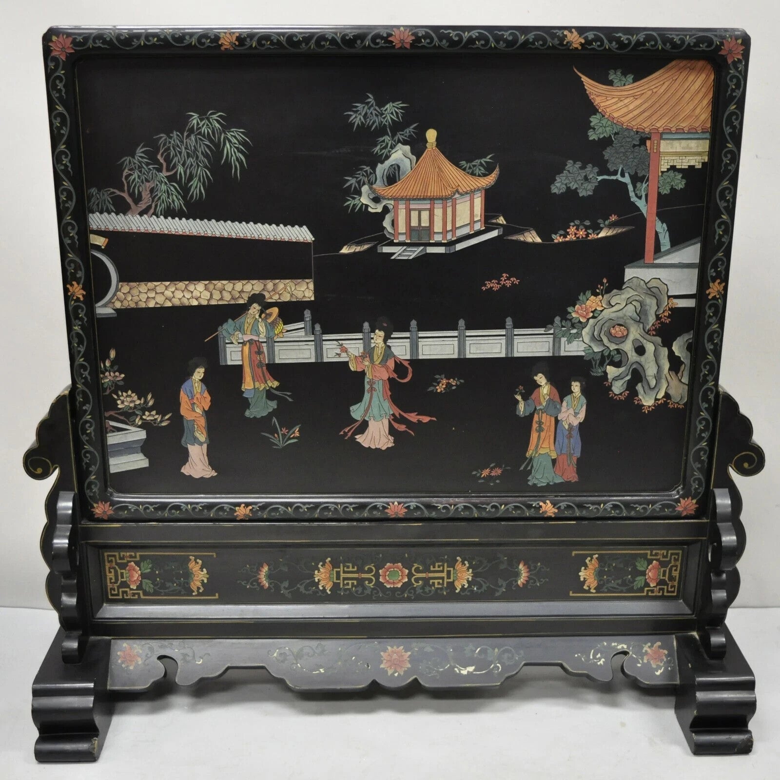Vintage Chinese Black Lacquer Oriental Fireplace Screen Fire Screen Divider
