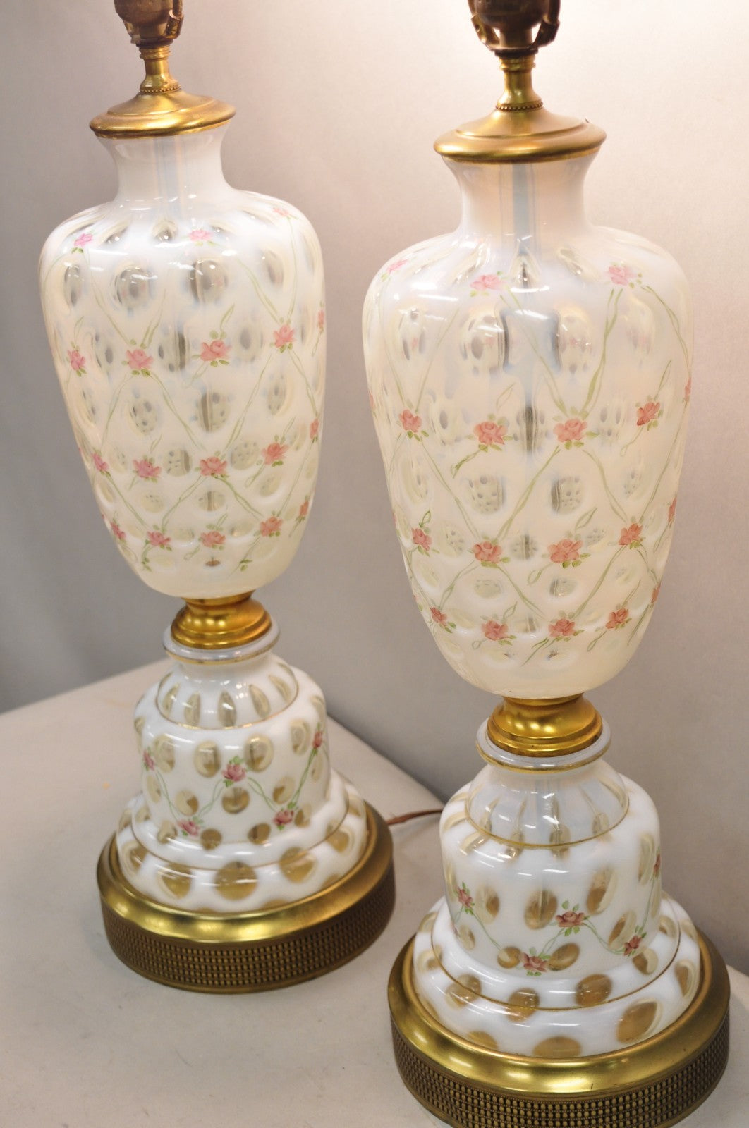 Antique Victorian White Czech Bohemian Rose Pink Painted Table Lamps - a Pair