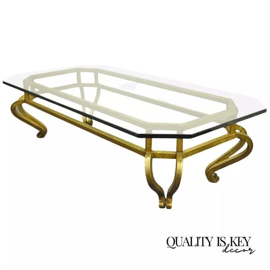 Vintage Arturo Pani Style Hollywood Regency Gold Gilt Iron & Glass Coffee Table
