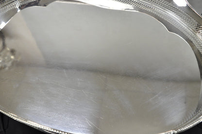 Antique English Edwardian Silver Plated Scalloped Oval Butlers Serving Bar Tray