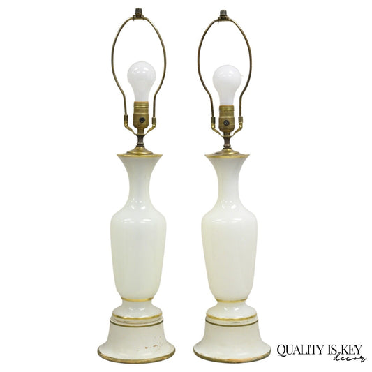 Vintage French Neoclassical Style Opaline Vaseline Glass Table Lamps - A Pair