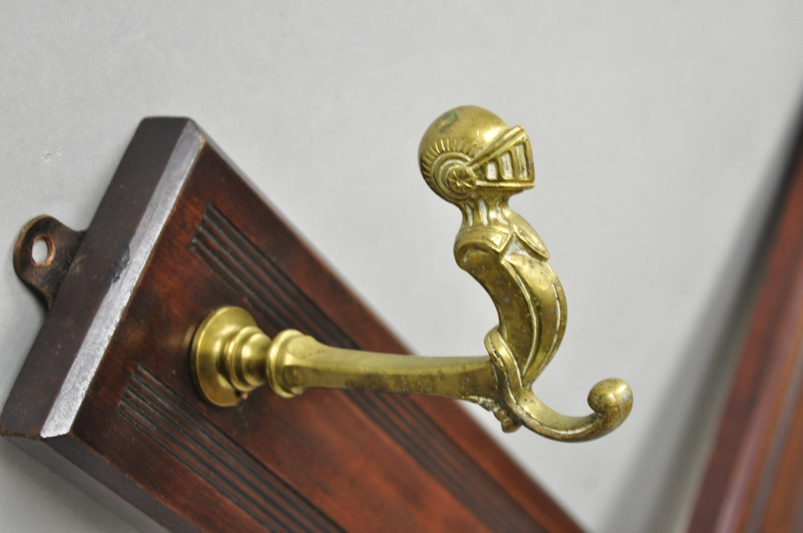 Antique Victorian Mahogany X-Form Wall Coat Rack w/ Brass Knight's Helmet Hooks
