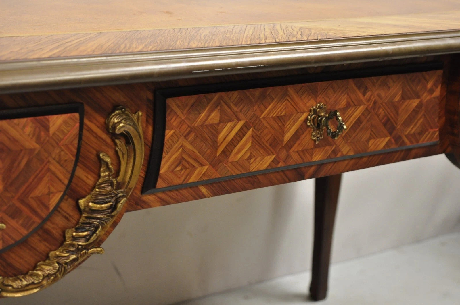 Vintage French Louis XV Style Figural Bronze Ormolu Leather Top Desk Bureau Plat