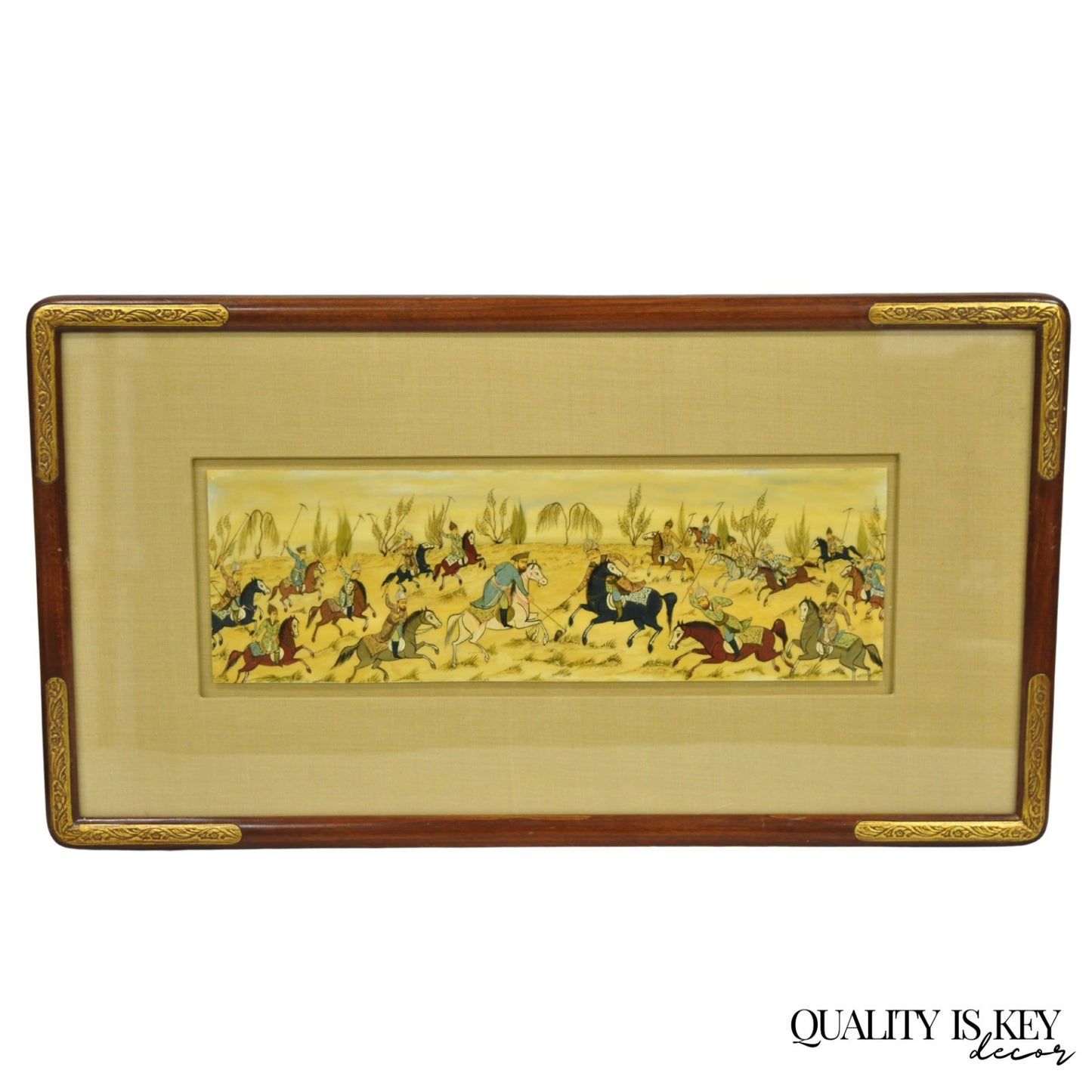 Vintage Persian Miniature Framed Hand Painted Polo Players & Horses on Bone