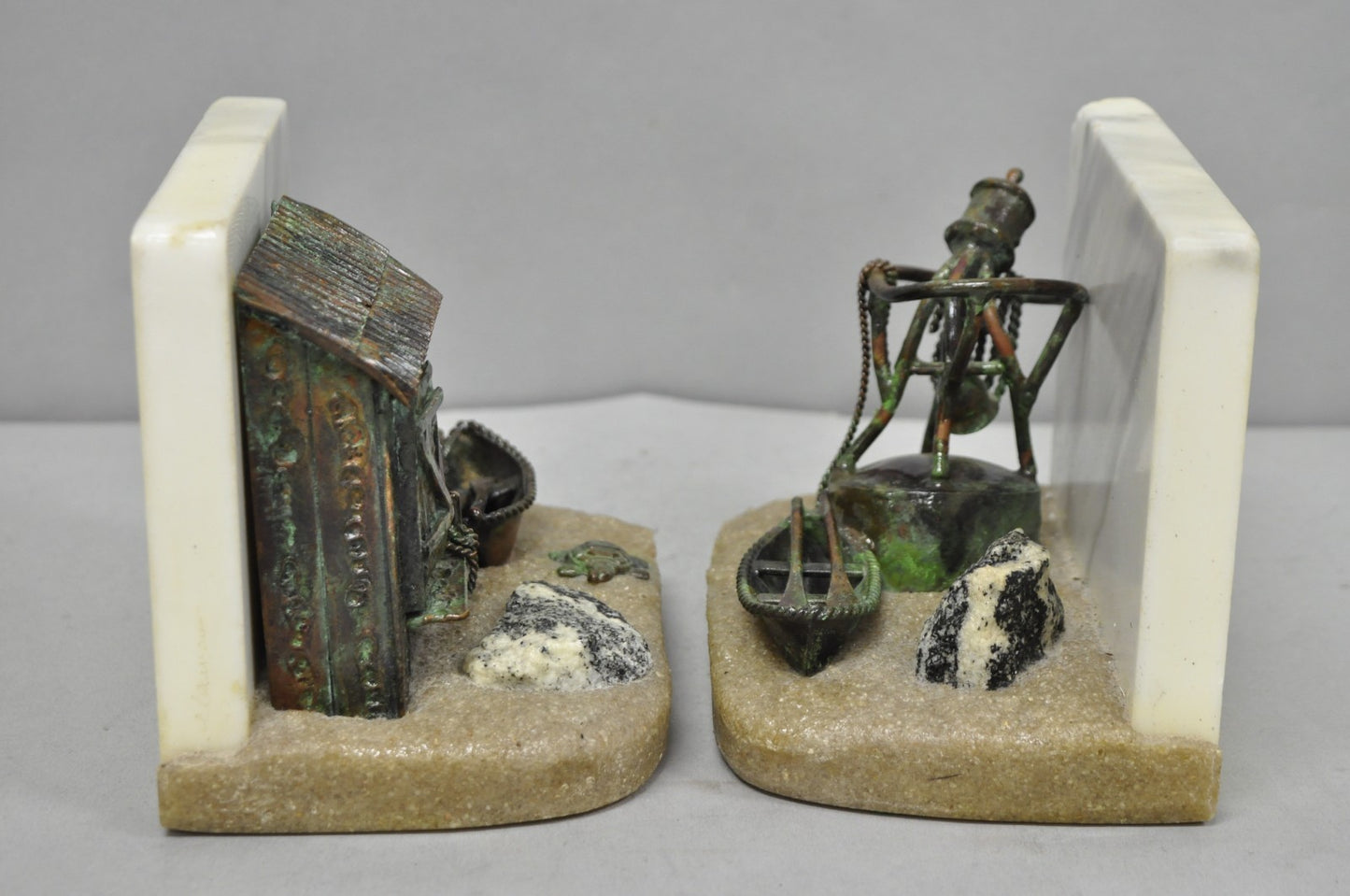 Curtis Clawson Mid Century Modern Brutalist Nautical Bronze & Marble Bookends
