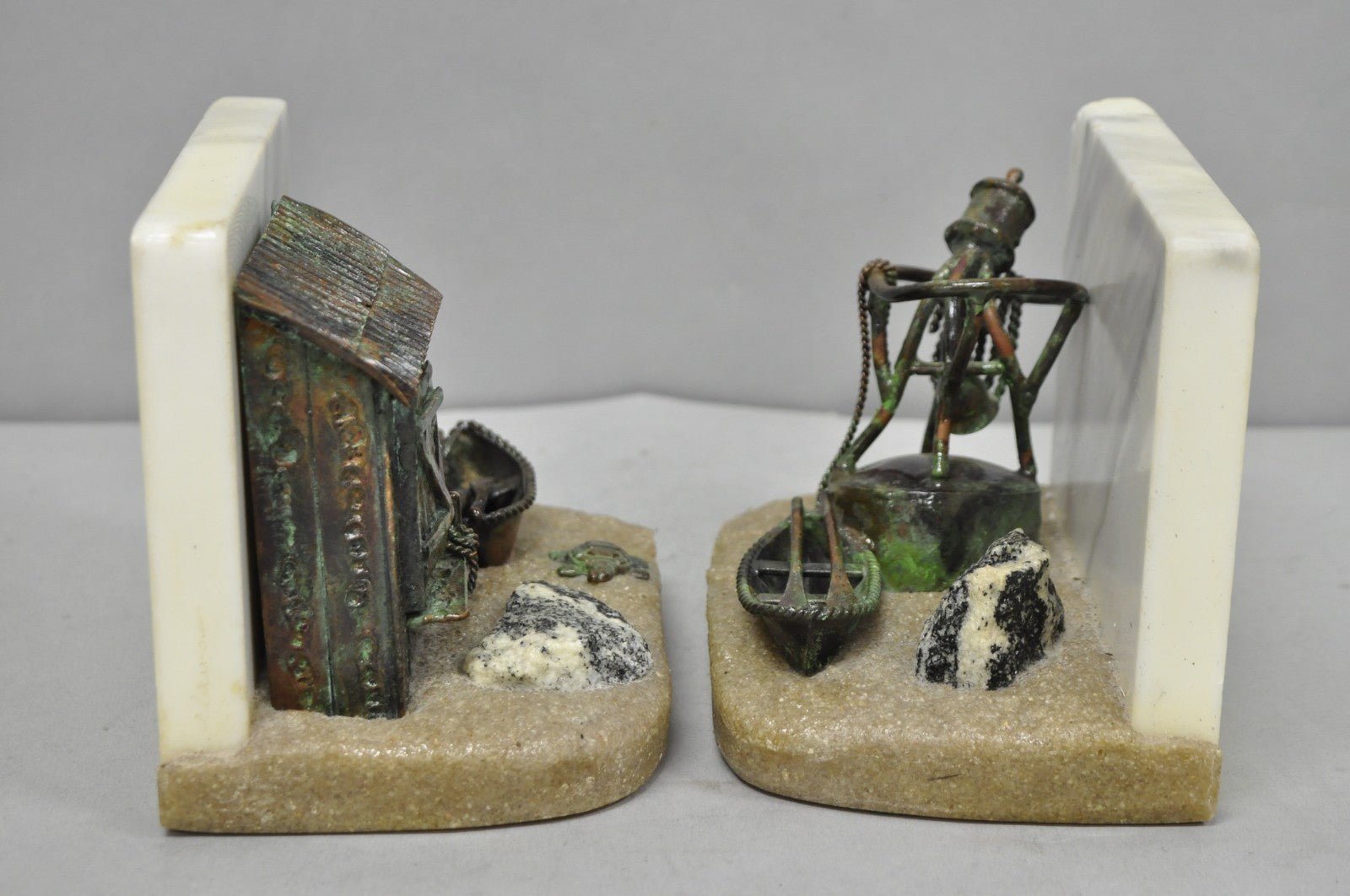 Curtis Clawson Mid Century Modern Brutalist Nautical Bronze & Marble Bookends