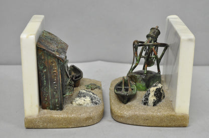 Curtis Clawson Mid Century Modern Brutalist Nautical Bronze & Marble Bookends