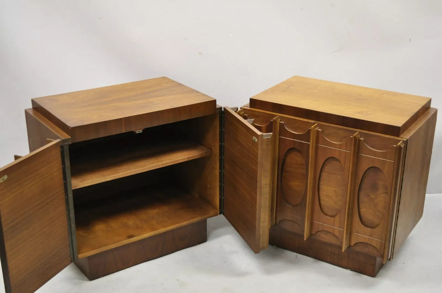 Vintage Mid Century Modern Sculpted Walnut Nightstand Cabinets by Tobago - Pair