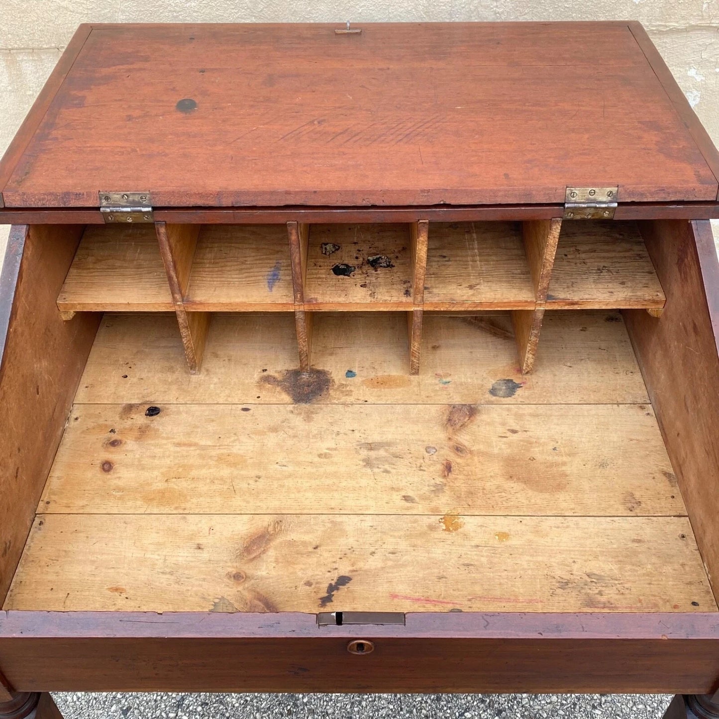 Antique Primitive Colonial Cherry Wood & Walnut Tall Schoolmasters Desk Table