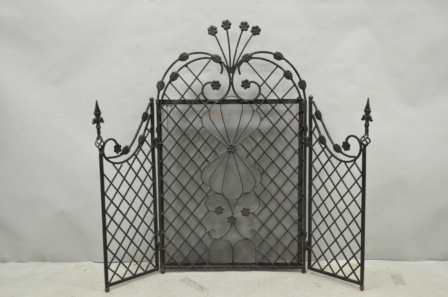 Antique Gothic Arts & Crafts Wrought Iron Scrolling Folding Fireplace Screen