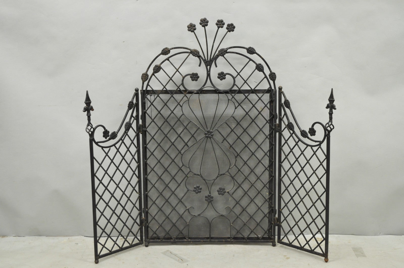 Antique Gothic Arts & Crafts Wrought Iron Scrolling Folding Fireplace Screen