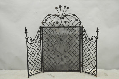 Antique Gothic Arts & Crafts Wrought Iron Scrolling Folding Fireplace Screen