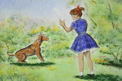 Dom Dominic Mingolla Enamel on Copper Painting Girl with Dog in Field 12 x 9
