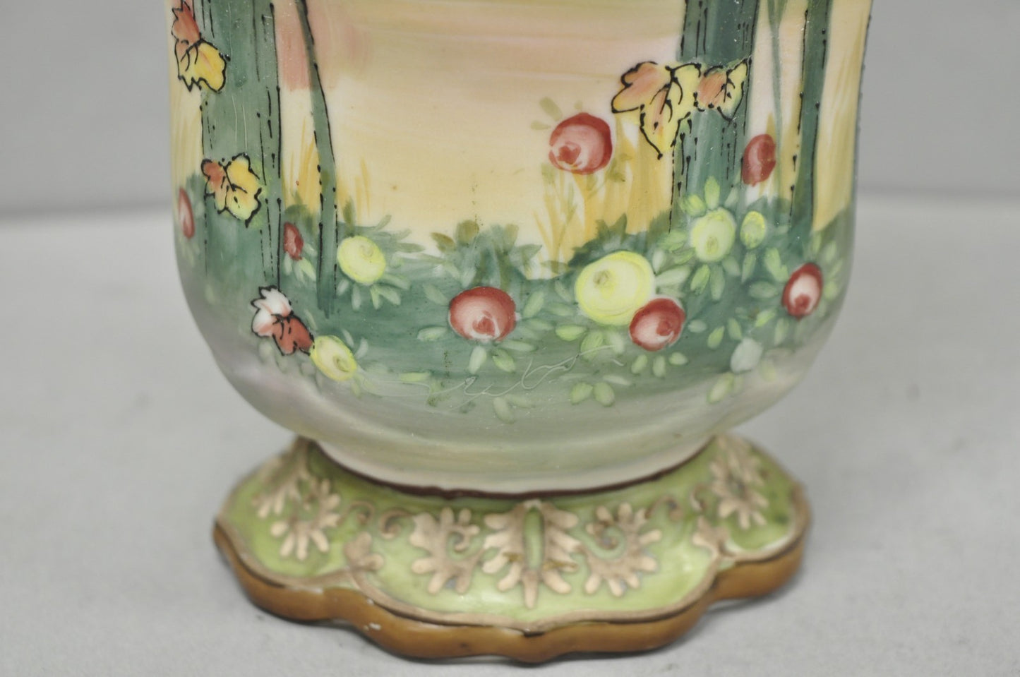 Antique Nippon Hand Painted Porcelain Moriage Twin Handle Countryside Scene Vase